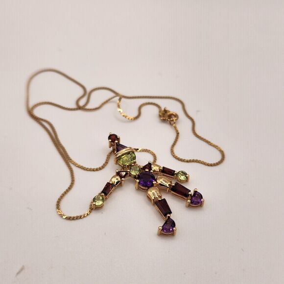 Whimsical 14k Yellow Gold Jester Natural Gemstones Pendant Necklace 16" - Picture 3 of 10